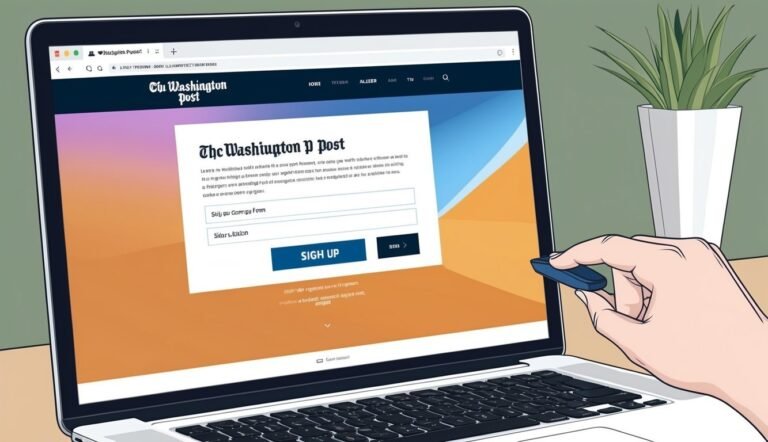 Laptop displaying a Washington Post sign-up page, with a hand holding a blue device