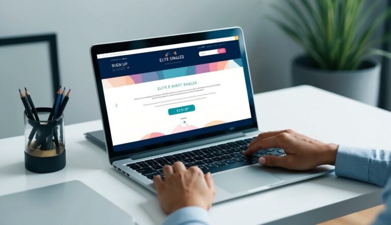 Person using laptop with Elite Singles website open, sign up button visible
