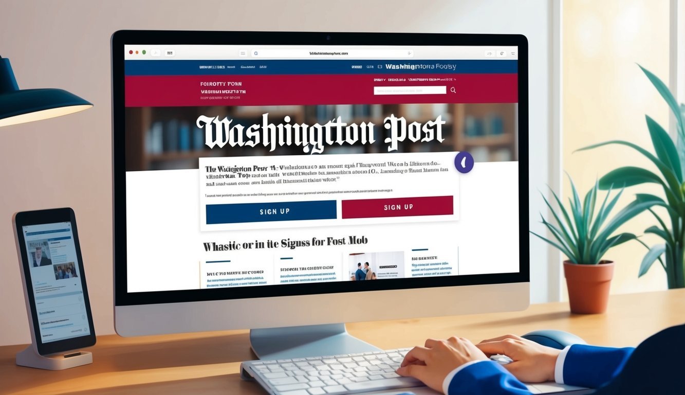 A computer screen displaying the Washington Post website with a cursor clicking on the "sign up" button