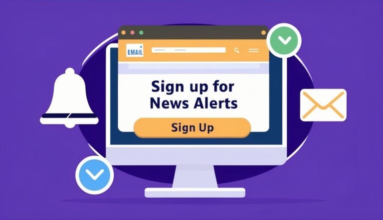 Computer screen with "Sign up for News Alerts" and email icons