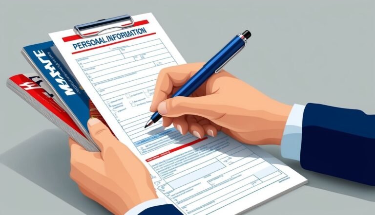 Person filling out a "Personal Information" form with a blue pen
