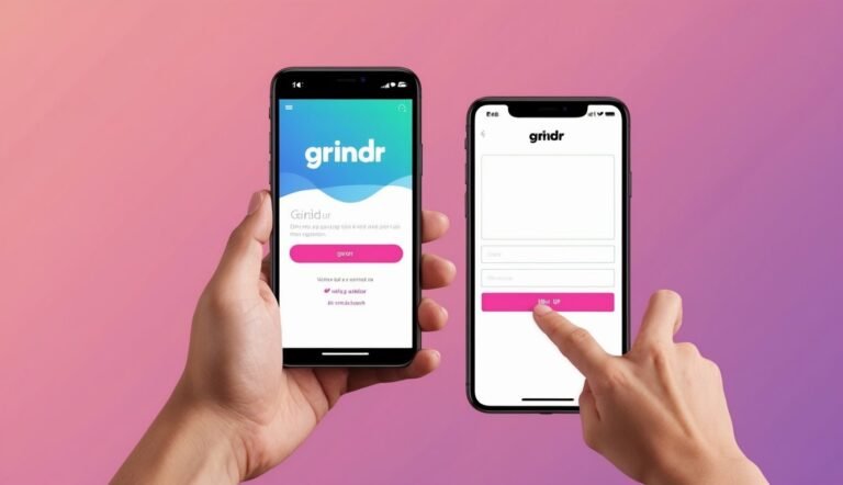 Two phones displaying the Grindr app, one with sign-up fields