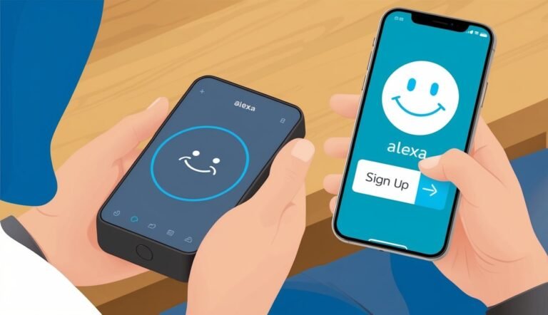 Two smartphones displaying the Alexa app with smiling face icons