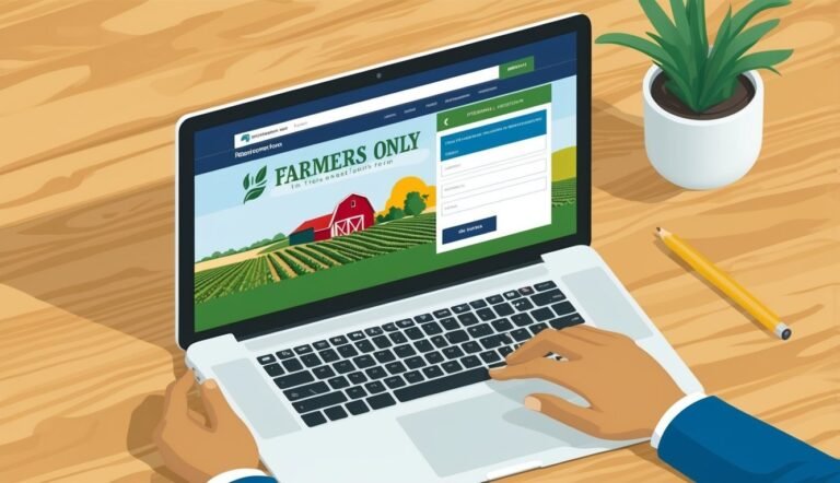 Laptop displaying "Farmers Only" website, hands typing, with a plant and pencil on desk