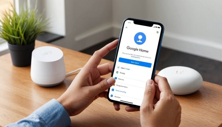 Person using Google Home app on smartphone next to smart speakers