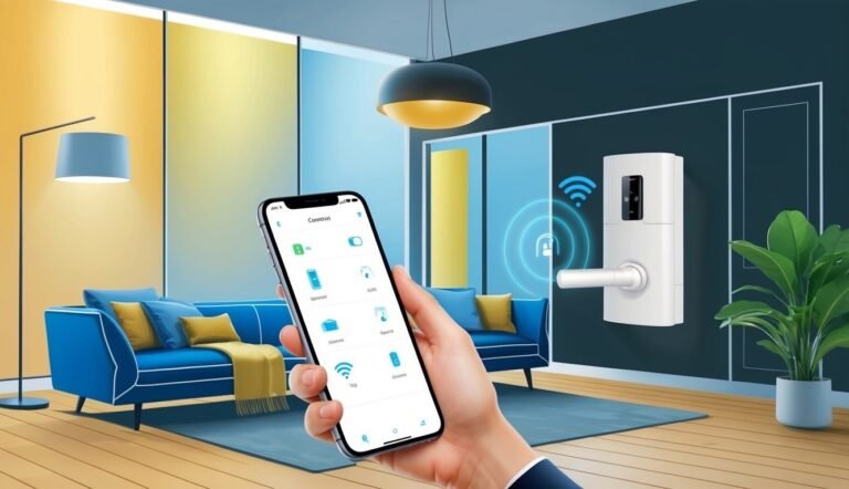 Smartphone controlling a smart lock in a modern living room setting