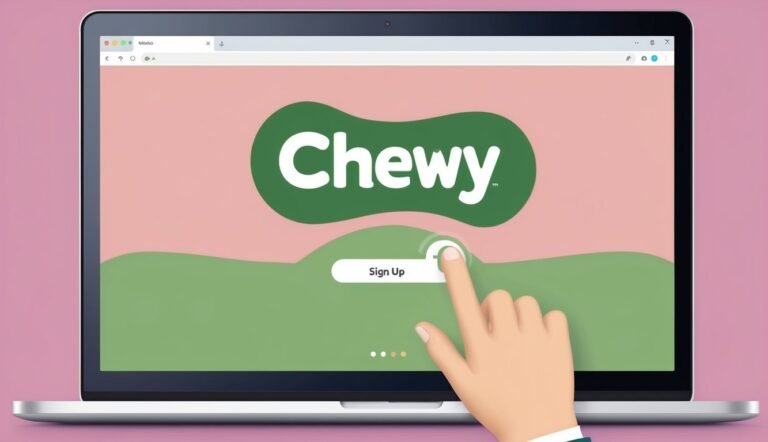 Laptop screen displaying Chewy website with a "Sign Up" button