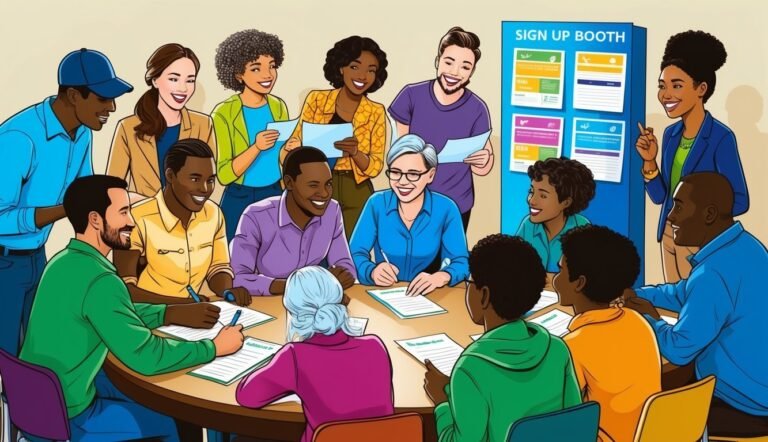 Diverse group of people at a table, signing up at a booth