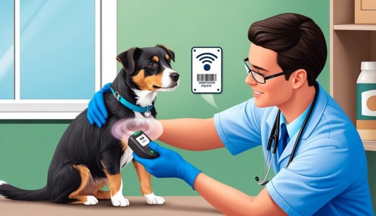 Veterinarian scanning a dog's microchip with a reader in an office