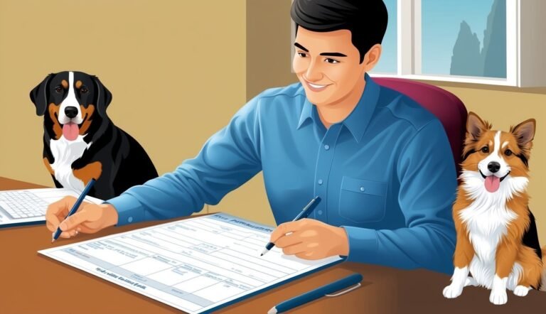 Man writing at desk with two dogs, one looking on