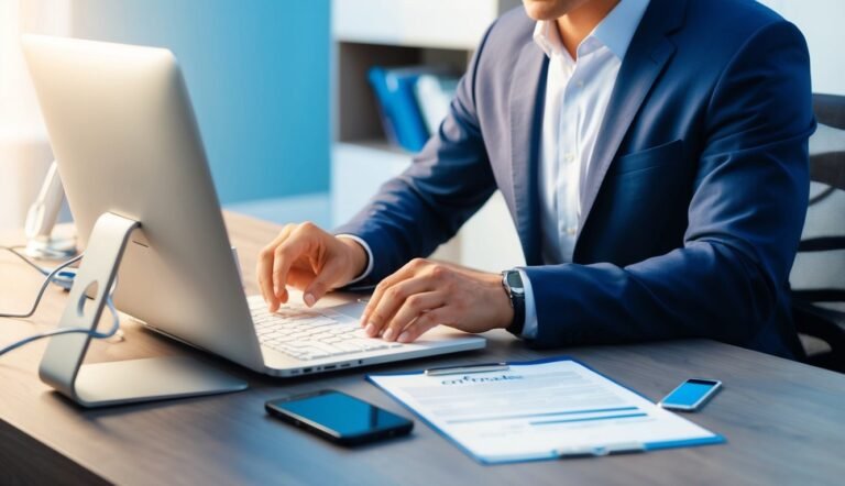 Man in suit typing on a computer at a desk with documents