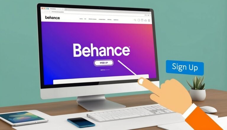Behance website on a computer screen, finger pointing to "Sign Up" button