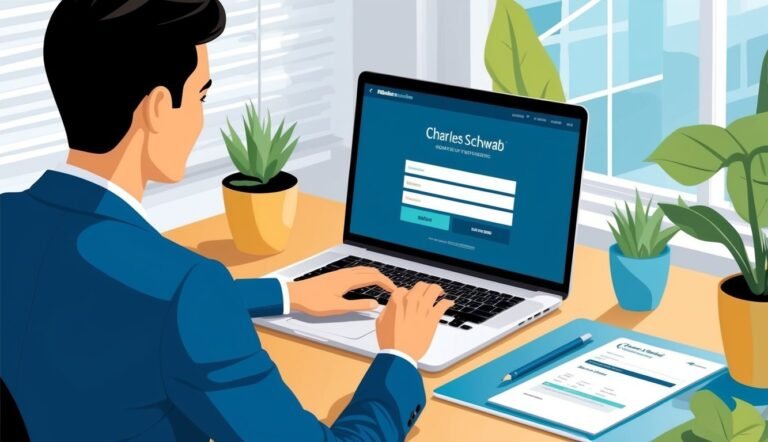 Man in blue suit logging into Charles Schwab account on laptop