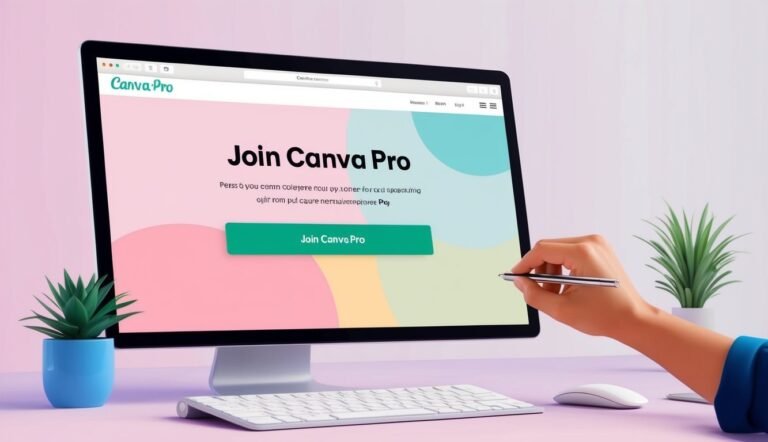 Computer screen displaying Canva Pro "Join Canva Pro" page, hand holding pen