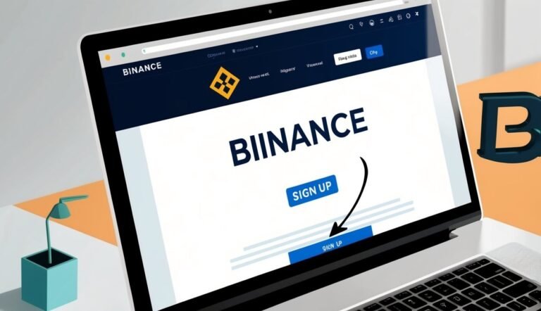 Laptop screen displaying the Binance website with a "Sign Up" button