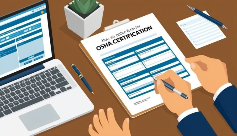 Hands filling out an OSHA certification form on a clipboard next to a laptop