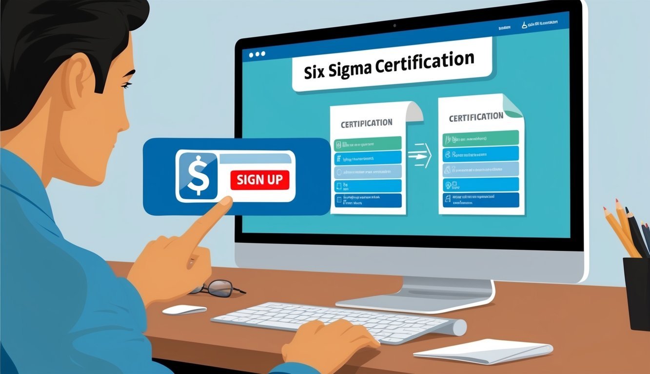 A person clicking on a "Sign Up" button for Six Sigma certification on a computer screen