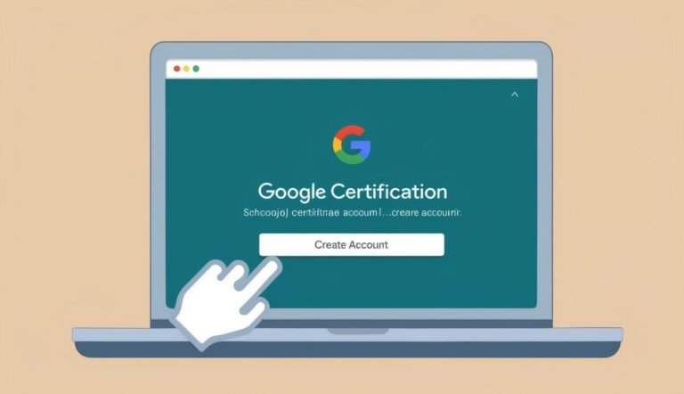 Laptop screen displaying Google Certification with a "Create Account" button