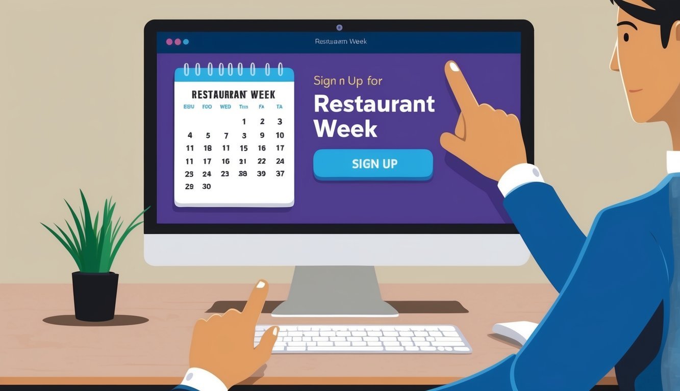 A person at a computer, clicking on a "Sign Up" button for Restaurant Week.</p><p>The screen displays a calendar with available dates and a form to fill out