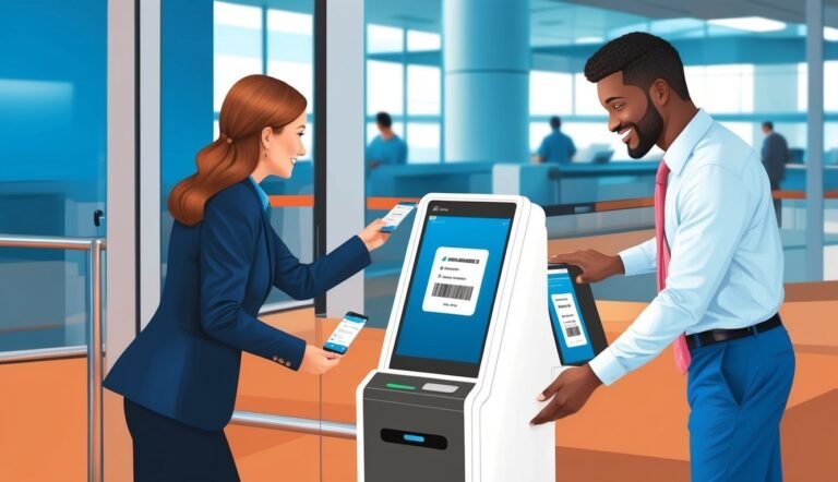 Two people using smartphones at a self-service kiosk in an office