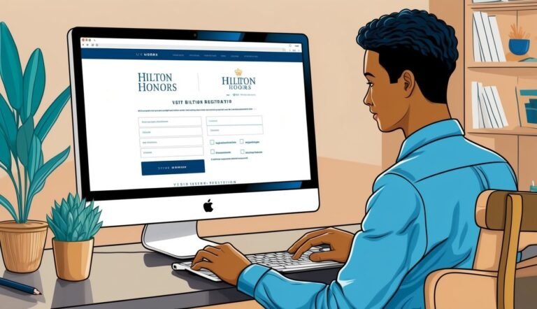 Man registering for Hilton Honors on a computer, plants and bookshelf in background