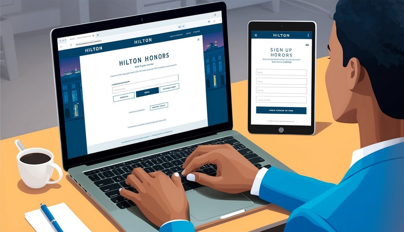 A person using a computer to sign up for Hilton Honors, with the Hilton website open and the person entering their personal information