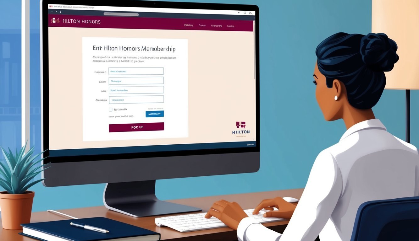 A person at a computer, entering personal information into a Hilton Honors membership sign-up form on the screen