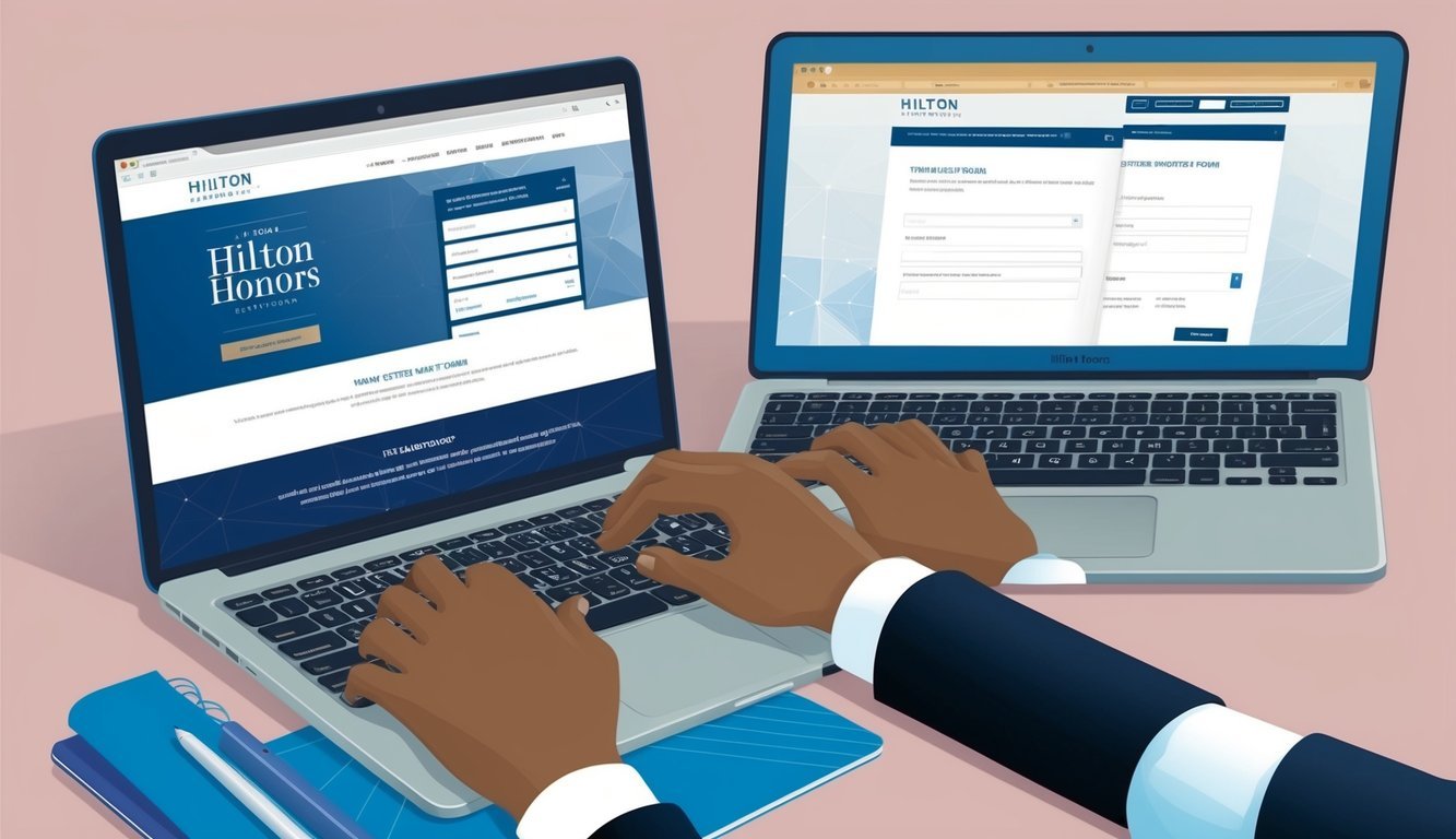 A person using a laptop to navigate to the Hilton Honors website and filling out a registration form