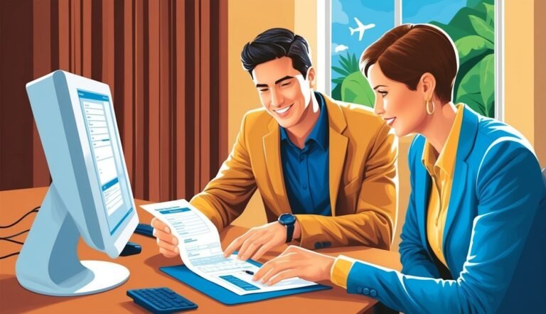 Two people reviewing documents at a desk with a computer