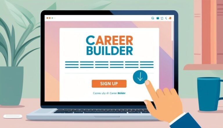 Laptop screen displaying Career Builder sign-up page with a pointing finger