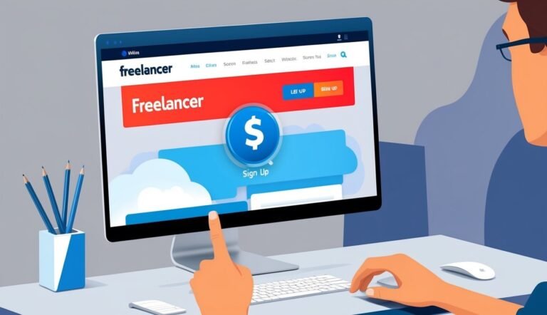 Person using a computer with the Freelancer website open, pointing at the screen