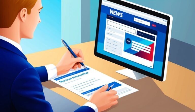 Man in suit writing on paper, news website on computer screen