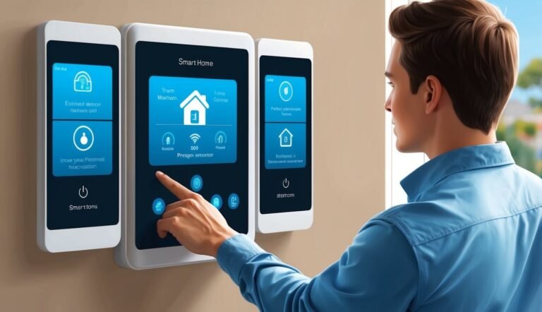 Man interacting with a smart home control panel on a wall, blue interface