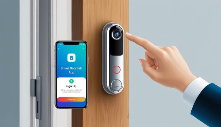 Smart doorbell with a phone app, and a hand touching the doorbell