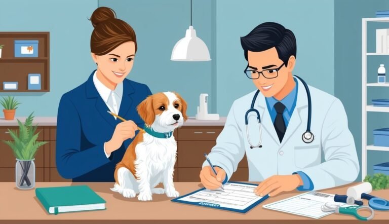 Dog at vet's office with owner and doctor filling out paperwork