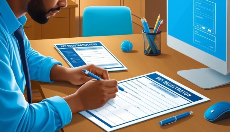 Man filling out pet registration forms on a desk with a computer
