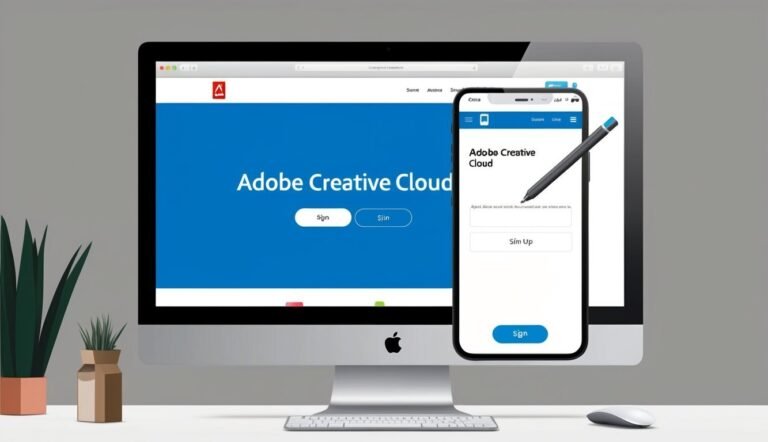 Adobe Creative Cloud sign-in screen on a desktop and smartphone