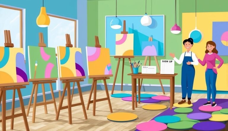 Art class with easels, paintings, and two women standing
