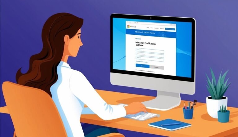 Woman filling out a Microsoft certification form on a computer