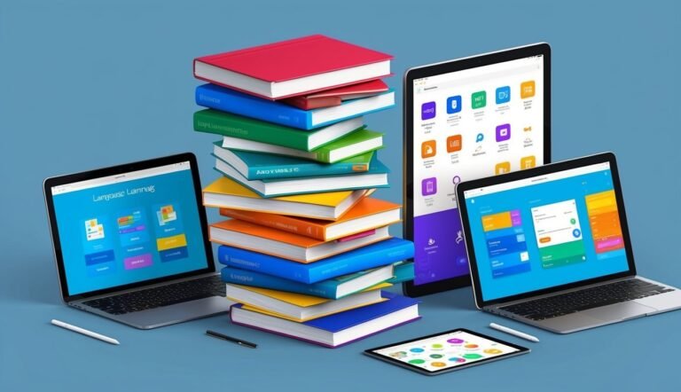 Stack of books and digital devices on a blue surface