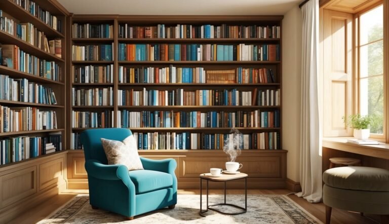 Cozy library with bookshelves, blue armchair, and steaming coffee cups