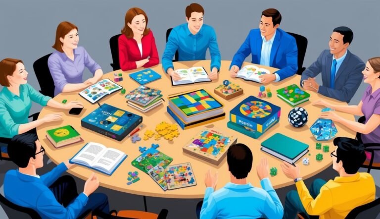 Group of people gathered around a table with board games and books