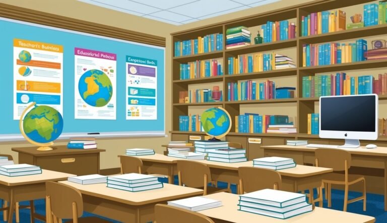 Classroom with desks, globes, bookshelves, posters, and a computer on a desk