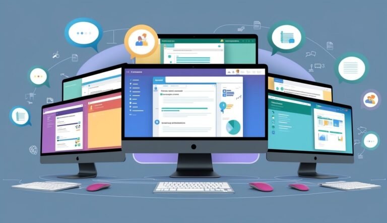 Multiple computer screens displaying data and charts, with speech bubbles