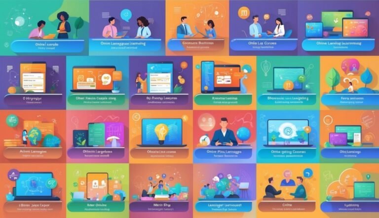 Colorful digital illustrations of online learning concepts with people and devices