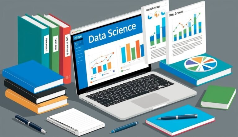 Laptop with "Data Science" screen, books, charts, and pens on a desk