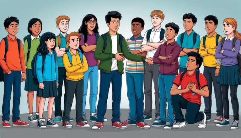 Illustration of diverse group of students standing and shaking hands, one kneeling