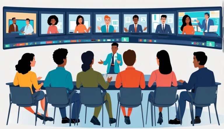 People in a meeting with a video conference on a curved screen