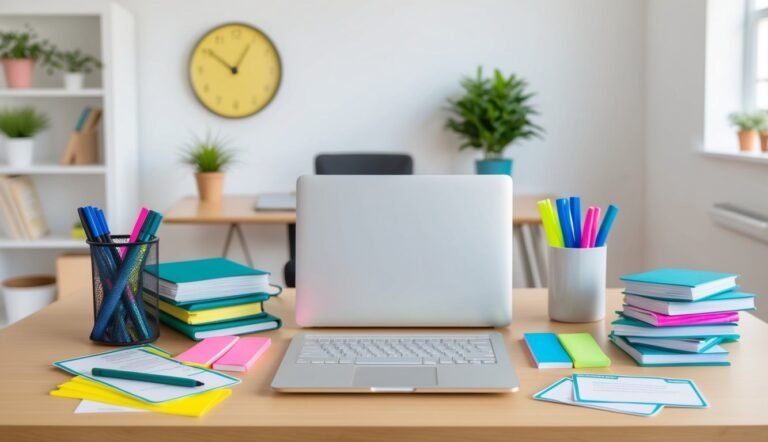 Laptop, books, pens, and plants on a wooden desk in a bright office