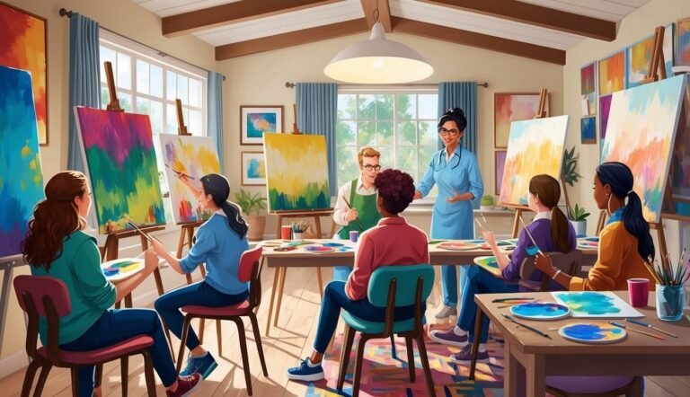 Art class with instructor and students painting on easels